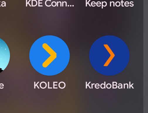 A screenshot of two mobile app icons side by side: KOLEO (a bright blue circle with a bold yellow/orange chevron pointing right) and KredoBank (a very slightly darker navy blue circle with an orange chevron pointing right)