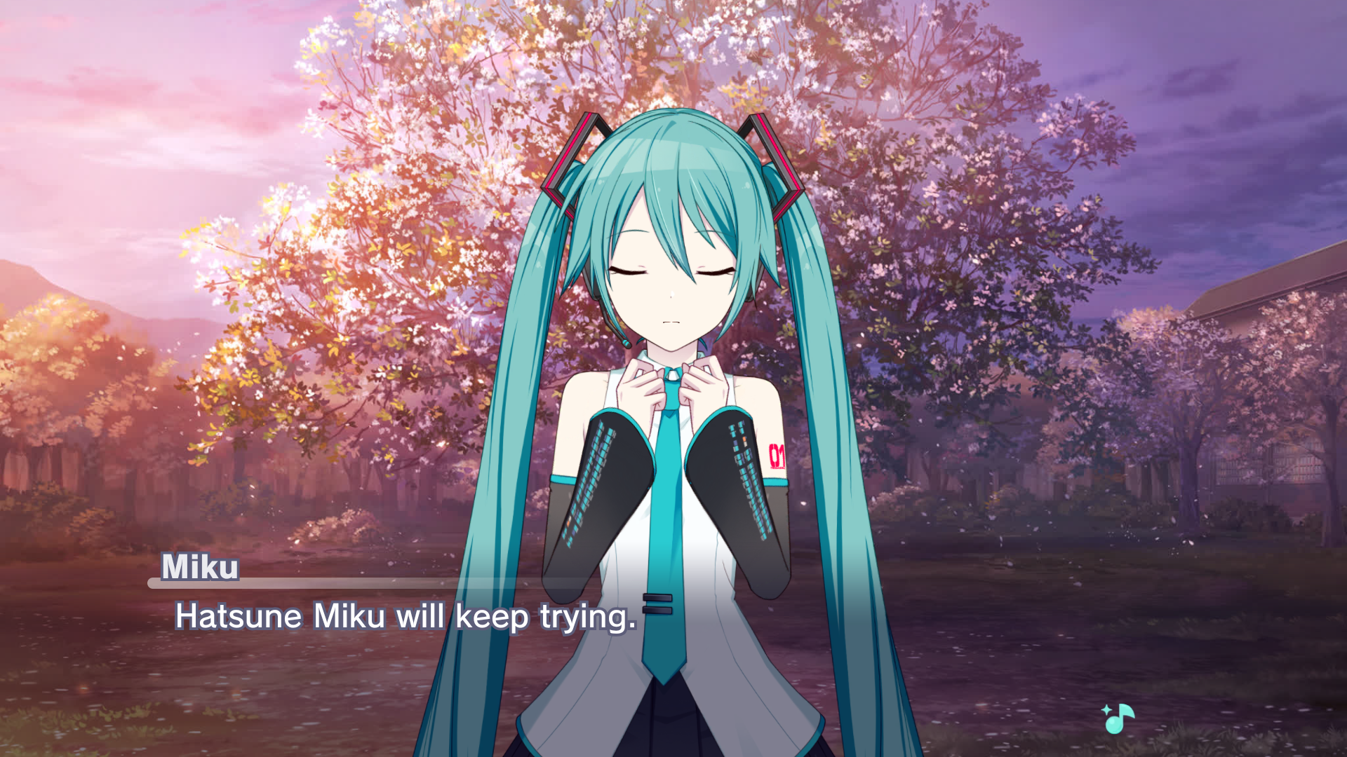 Made from Project Sekai's story board, in front of a blossoming tree, Hatsune Miku says "Hatsune Miku will keep trying."