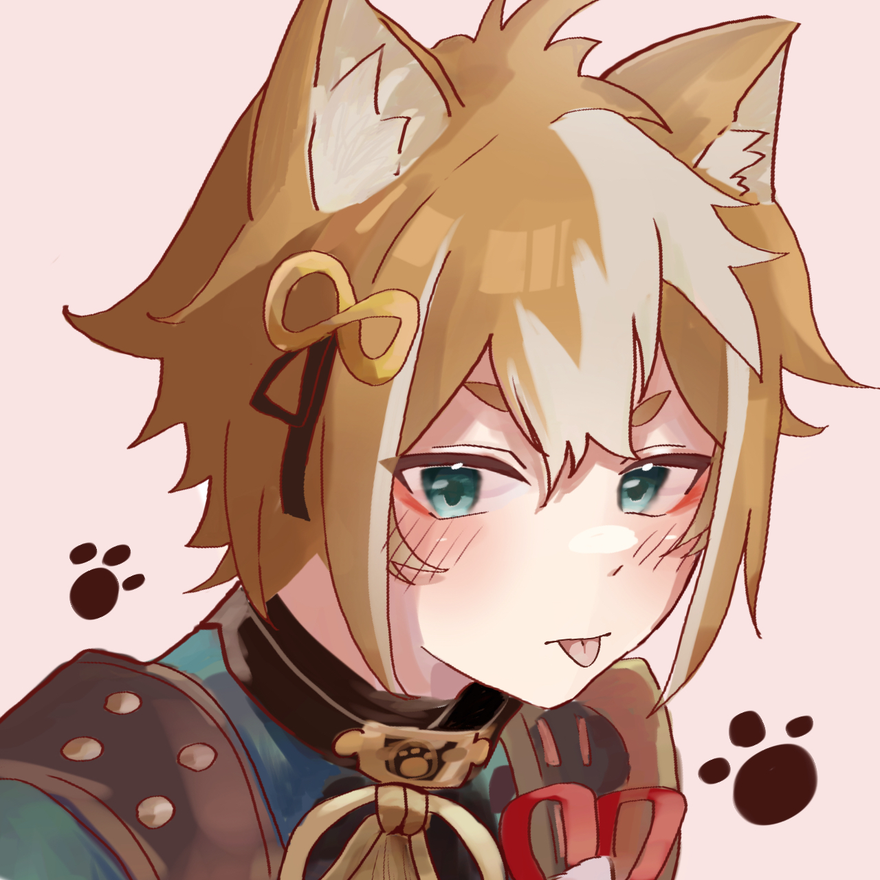 a drawing of Gorou from Genshin Impact. his tongue is sticking out in a playful manner