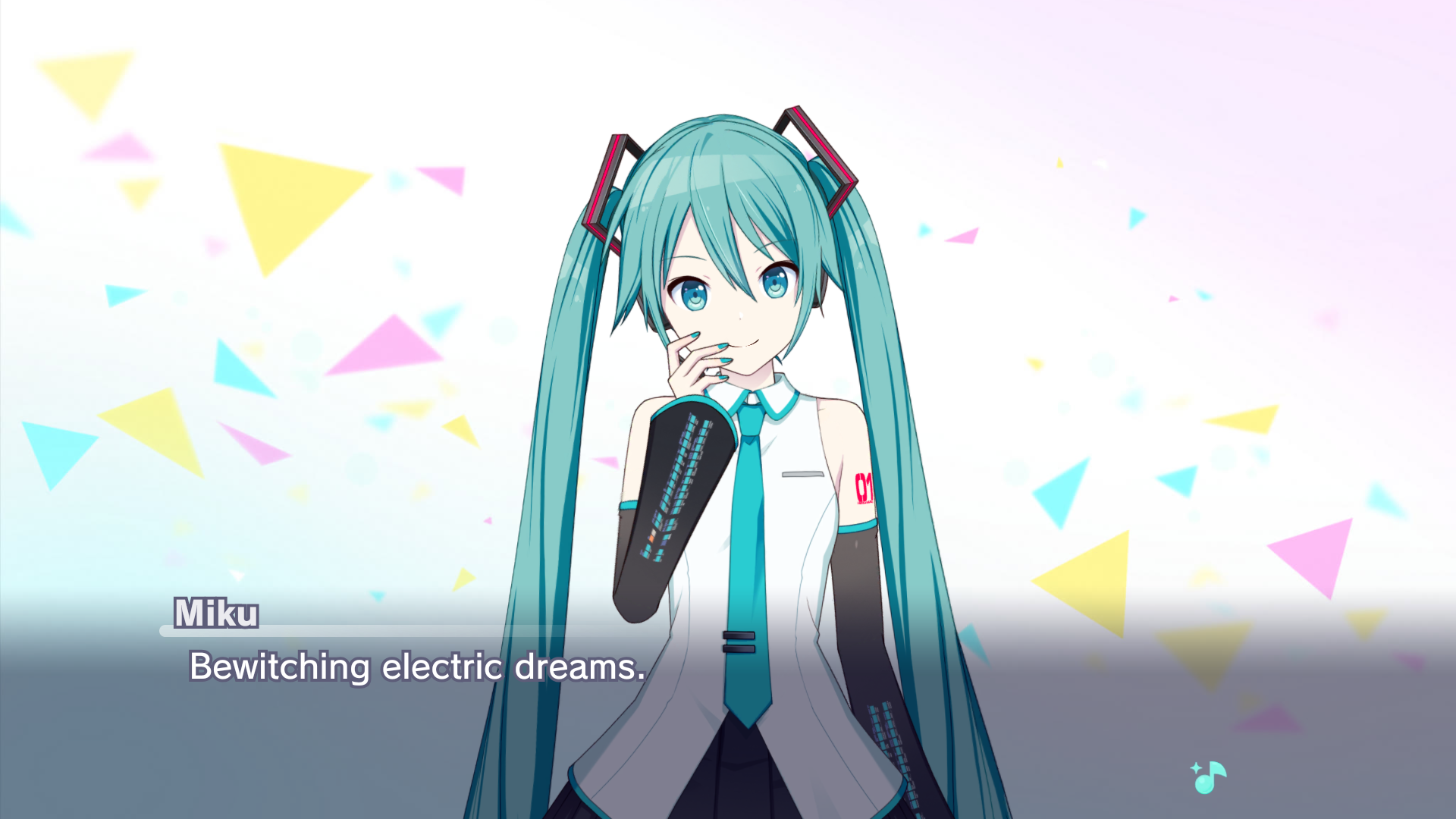 Made from Project Sekai's story board, in front of an empty white background decorated with a few floating colorful triangles, Hatsune Miku says "Bewitching electric dreams."