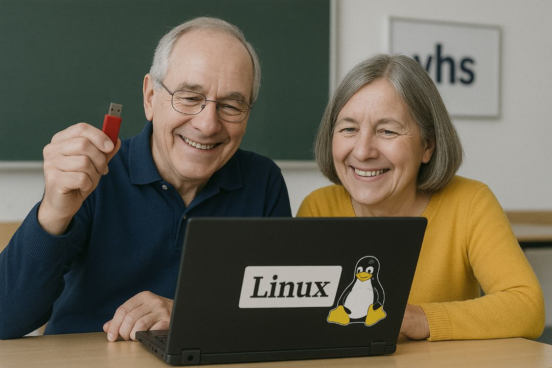 Ein älterer Mann und eine ältere Frau sitzen gemeinsam lachend vor einem Laptop. Der Mann hält einen USB-Stick in die Höhe. Auf dem Laptop-Deckel ist ein großer Sticker "Linux" und das Linux-Maskottchen Tux, der Pinguin. Im Hintergrud eine Tafel und ein Schild mit der Aufschrift "vhs".