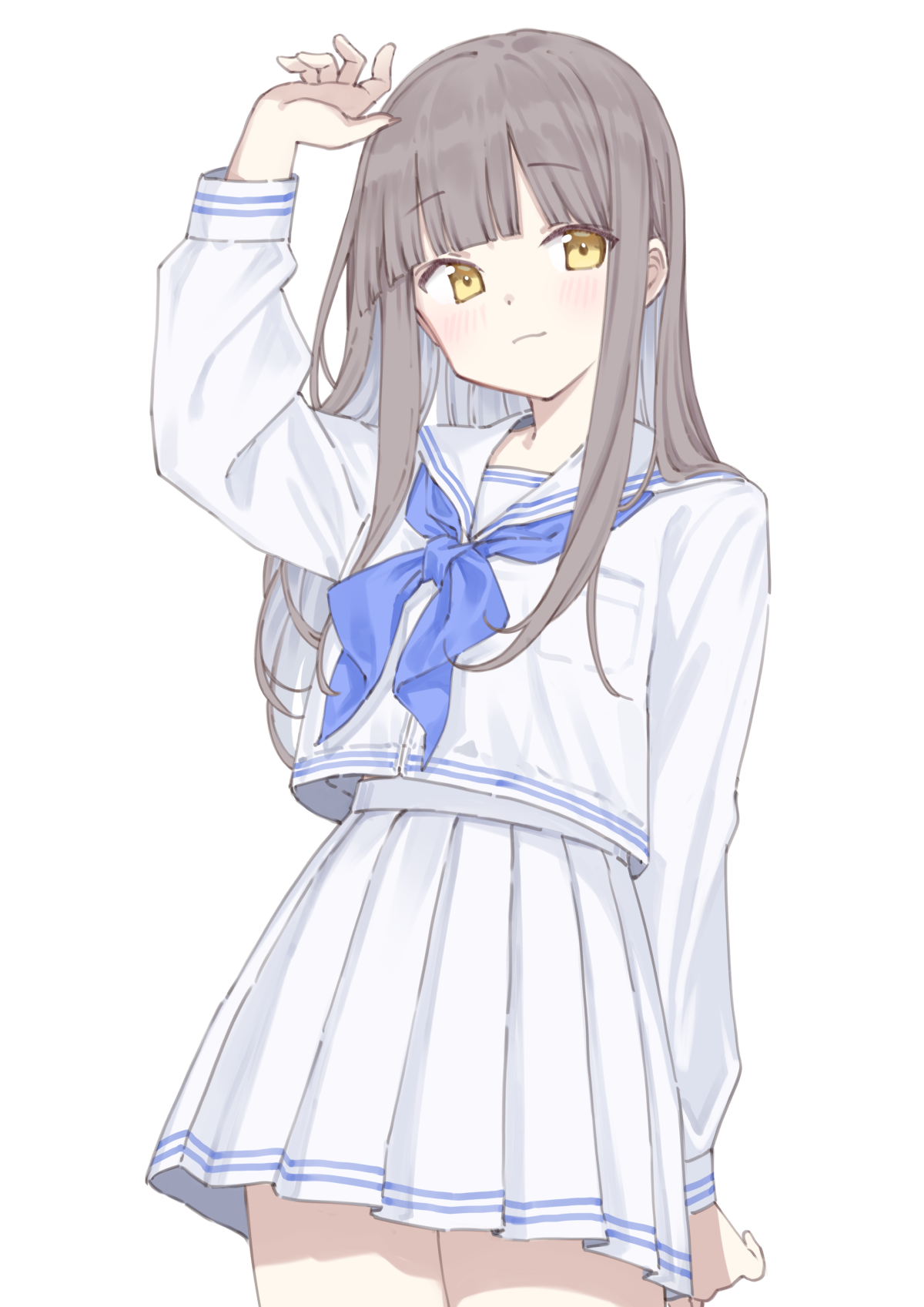 A drawing of a girl wearing a white sailor uniform with a blue ribbon and blue stripes on her clothes