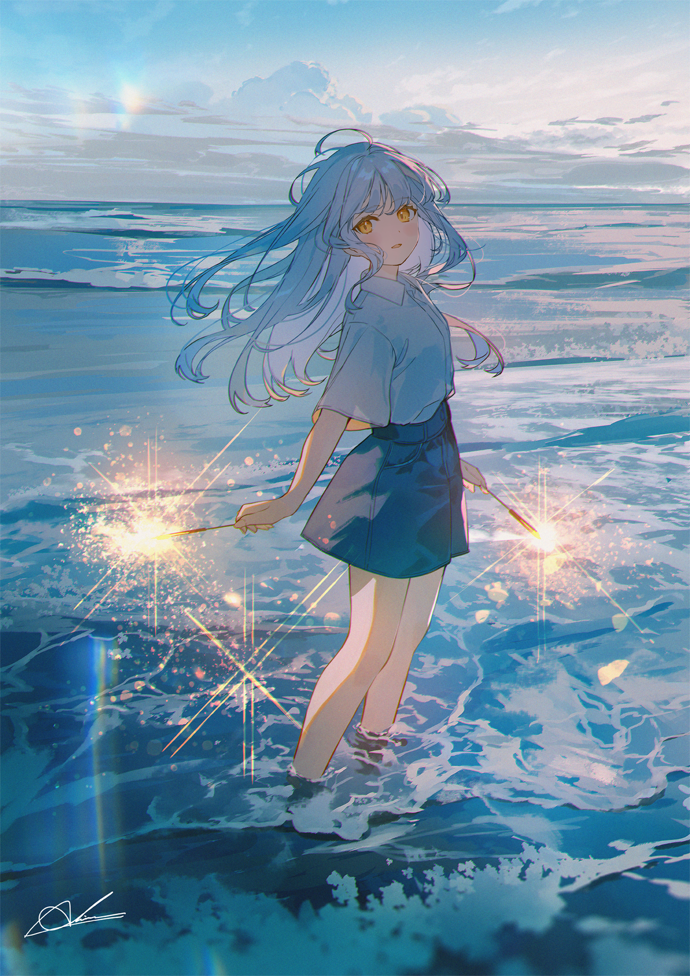 a drawing of a girl at the beach during sunrise, holding two "portable fireworks" (?) in her hands