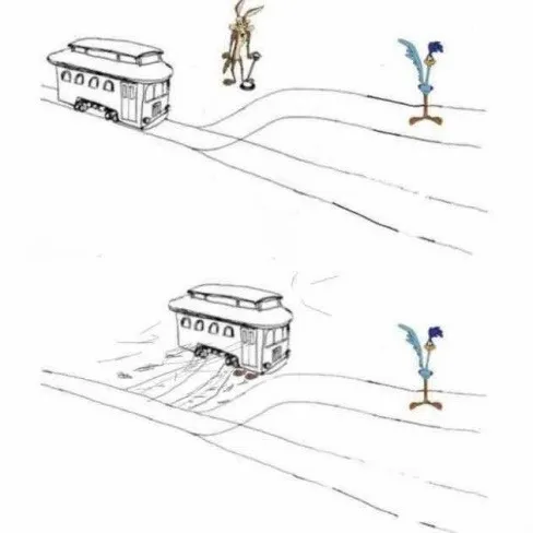 The trolly problem with road runner on the alternative track and coyote on the lever. Second panel below shows coyote smashed by sidewards to the tracks sliding trolly.