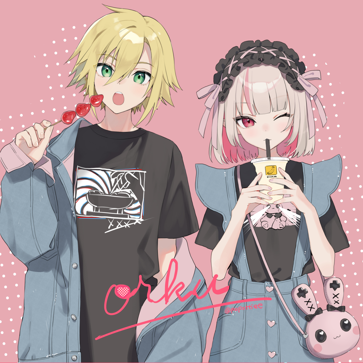 a drawing of Uzuki Kou and Makaino Ririmu from nijisani. Kou's outer jacket is slipping off his left side, exposing a bit of his arm