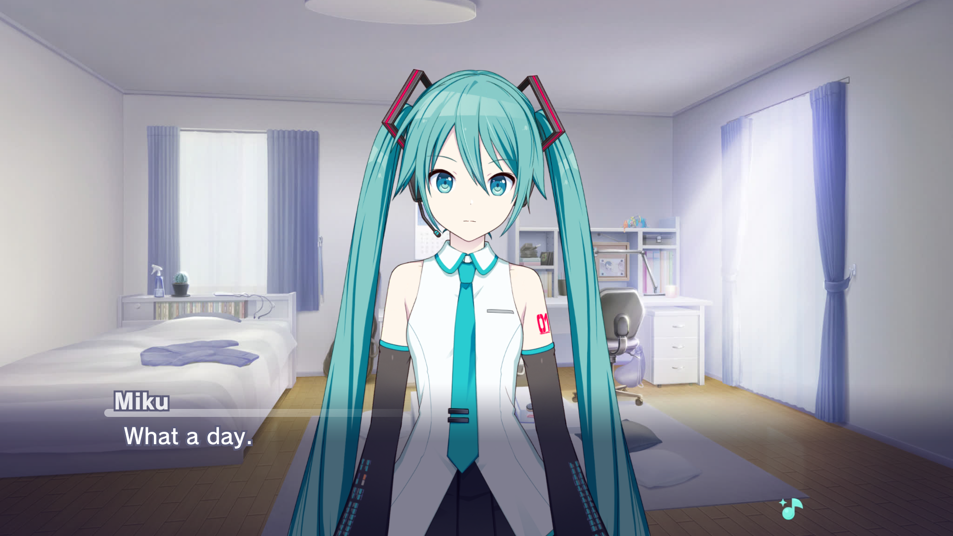 Made from Project Sekai's story board, in a bedroom, Hatsune Miku says "What a day."