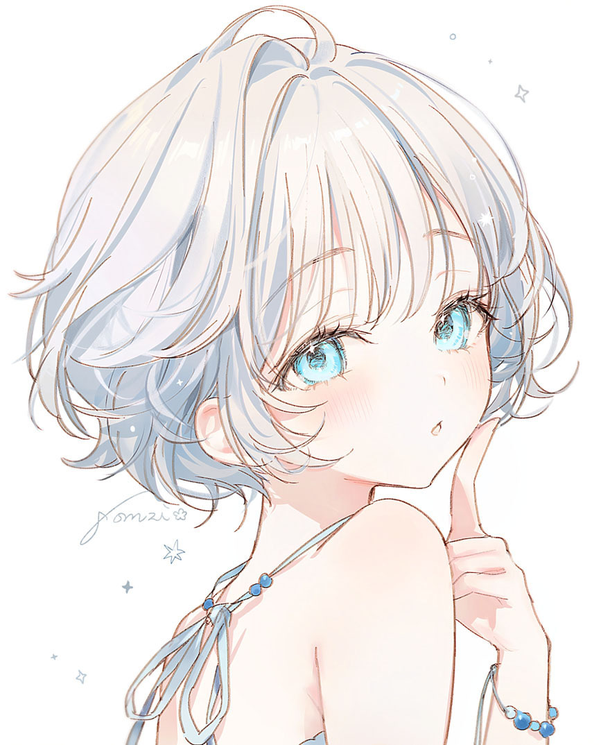 a drawing of a white haired girl looking back at the viewer