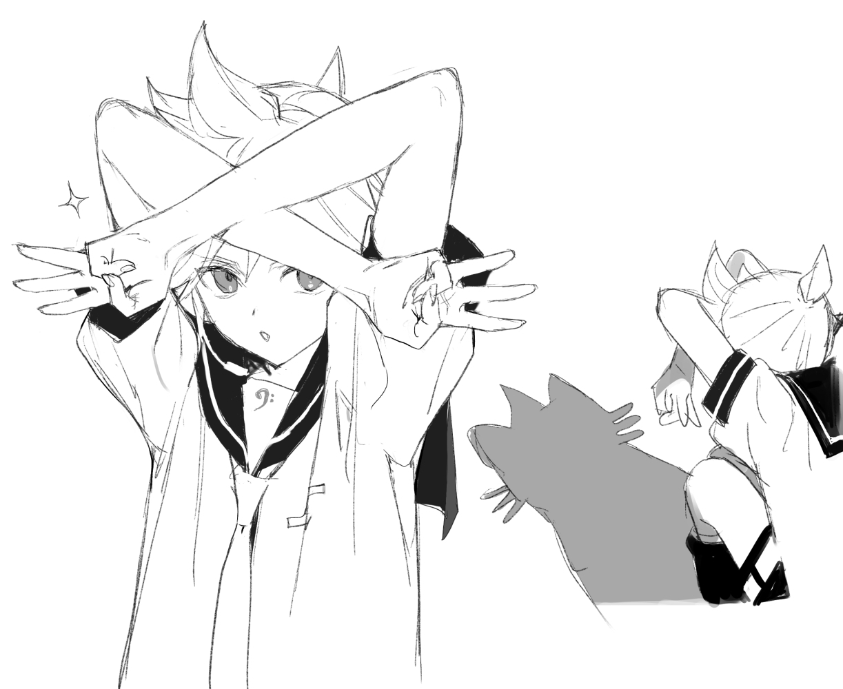 A black and white drawing of Kagamine Len making a double peace sign with 3 fingers. His shadow makes it looks like a cat's whiskers