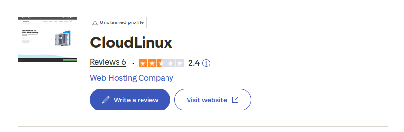 screenshot from trustpilot score of CloudLinux with a score of 2.4 with 6 reviews
