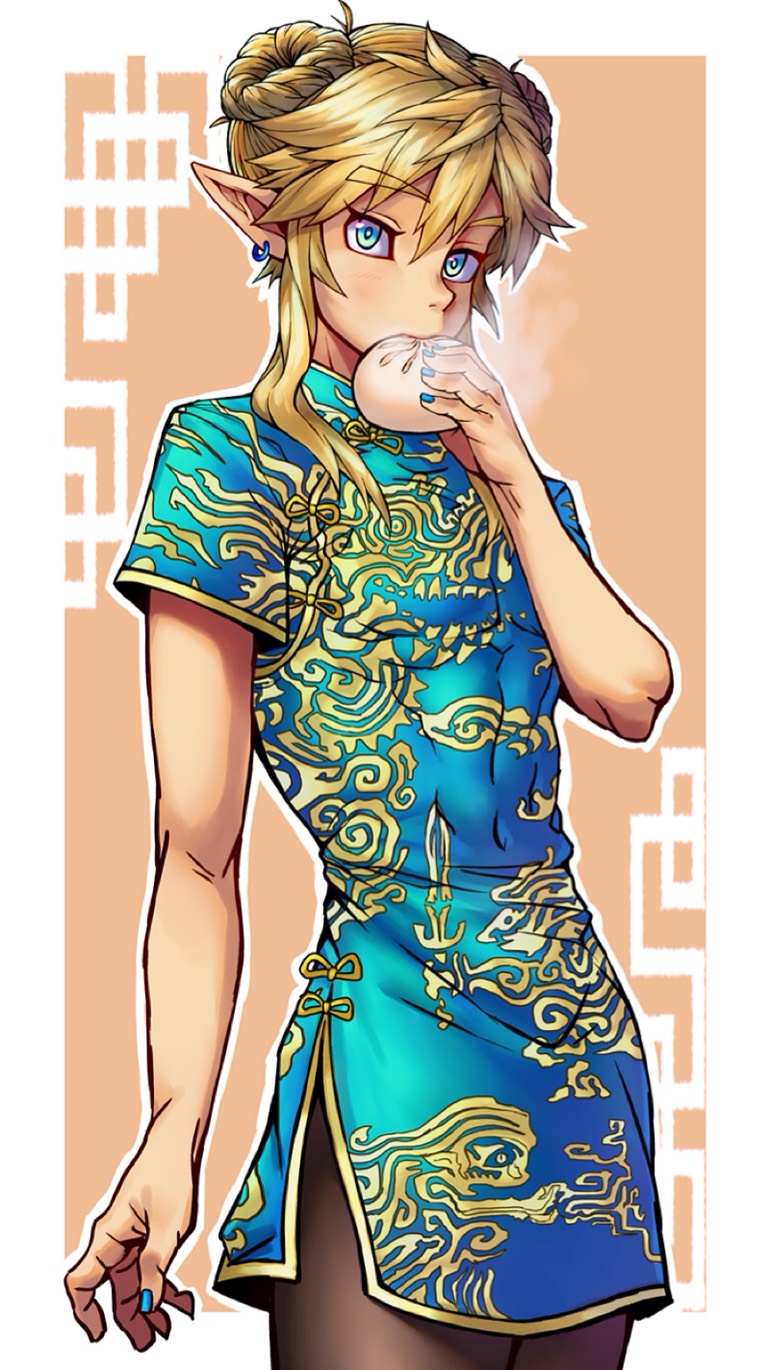 A drawing of Link wearing a Cheongsam (Chinese dress) and eating a bun