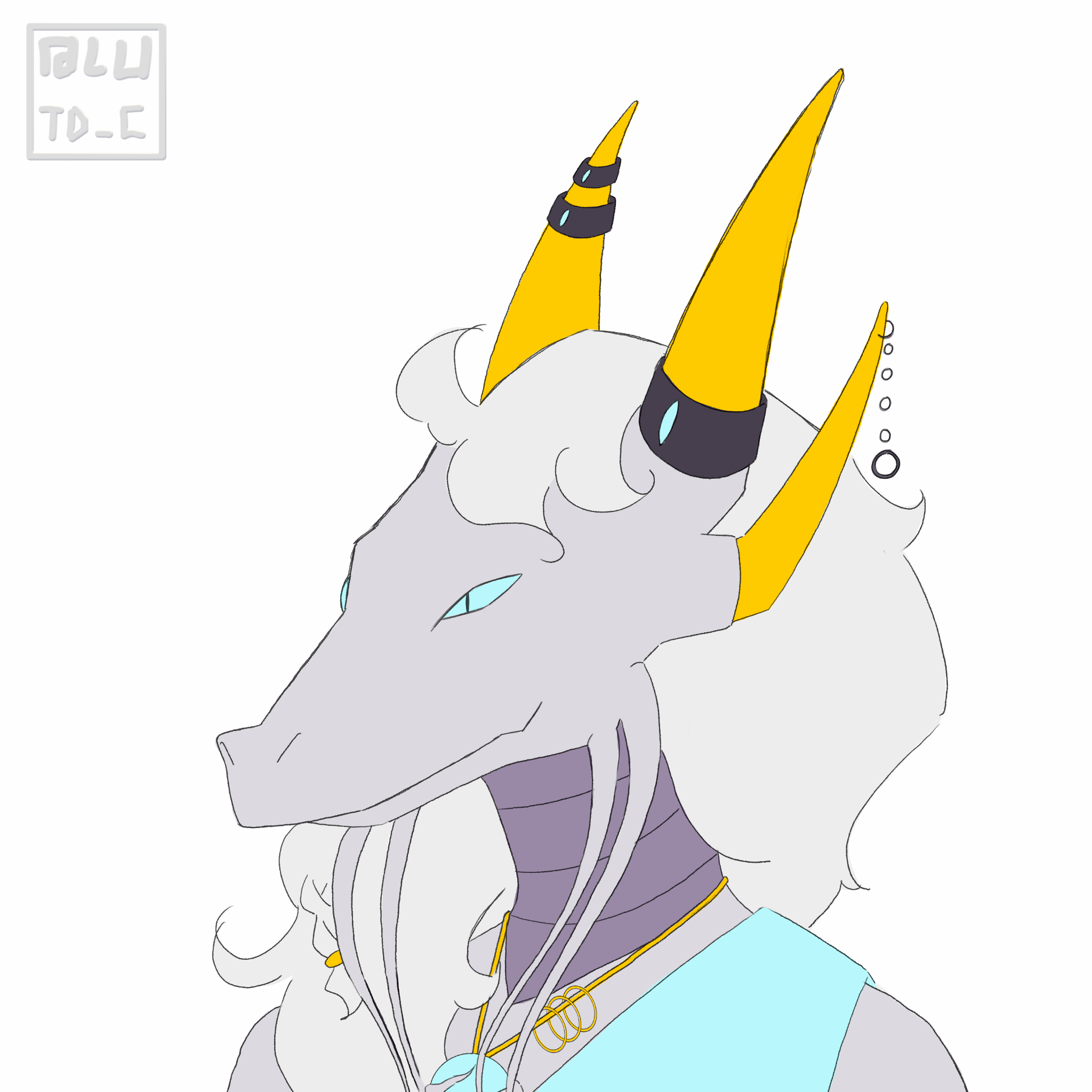 A humanoid-draconess of white scales. Her horns are adorned with gold tips and she has a bright blue pendant she canonically uses to focus on spells with her hands free. Long spells require snacks!