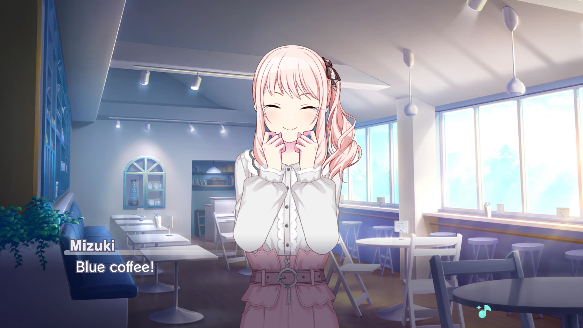 project sekai custom story board with excited mizuki in a cafe saying "Blue coffee!"