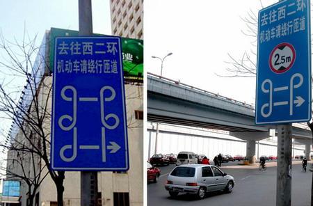 Old road sign of the Xizhimen Interchange, directing drivers to make 5 turns, exceeding 800 degrees.