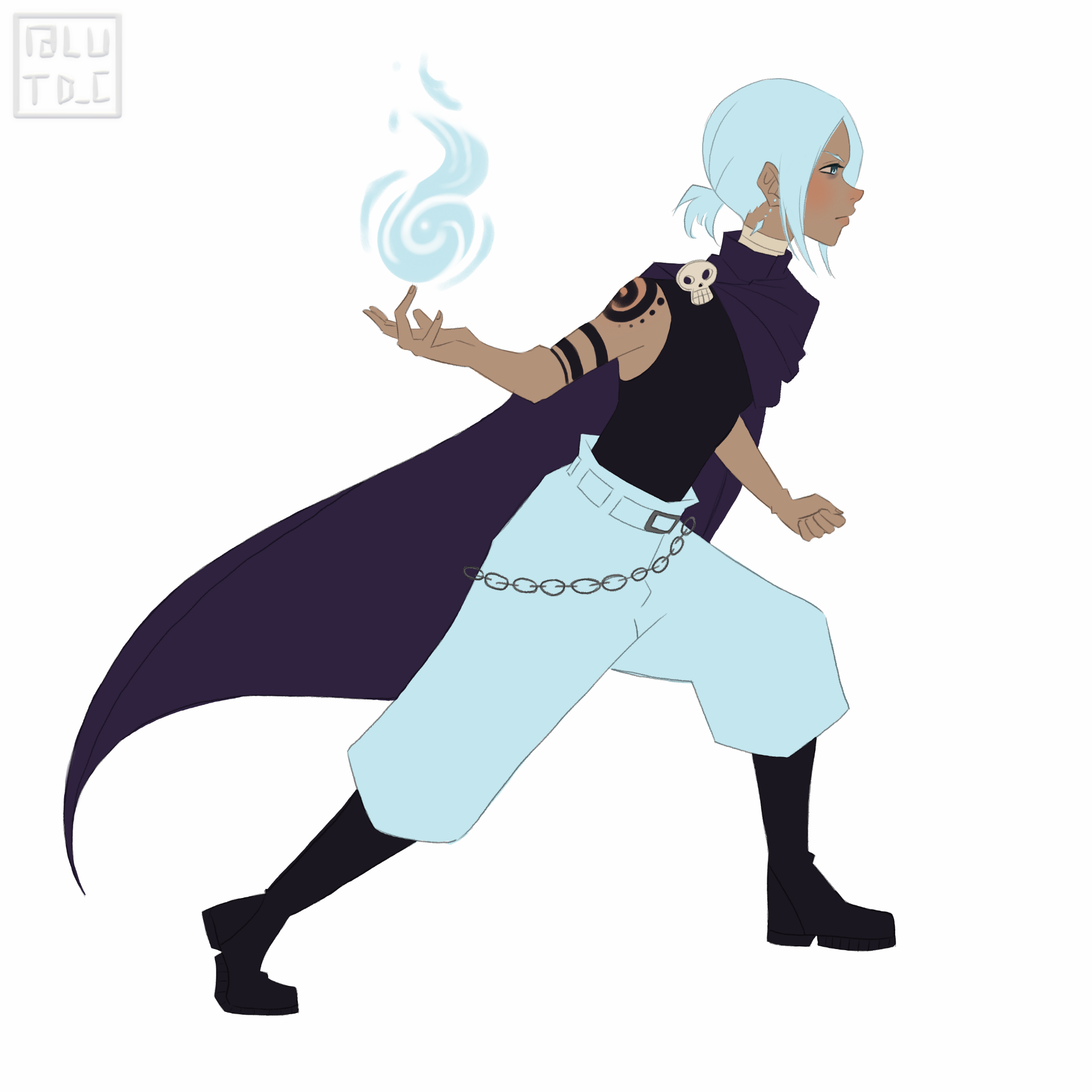 A side view of a nonbinary character with light blue and black clothes. They wear a dark purple cape, have light blue hair and are conjuring some sort of ice spell with their right hand.