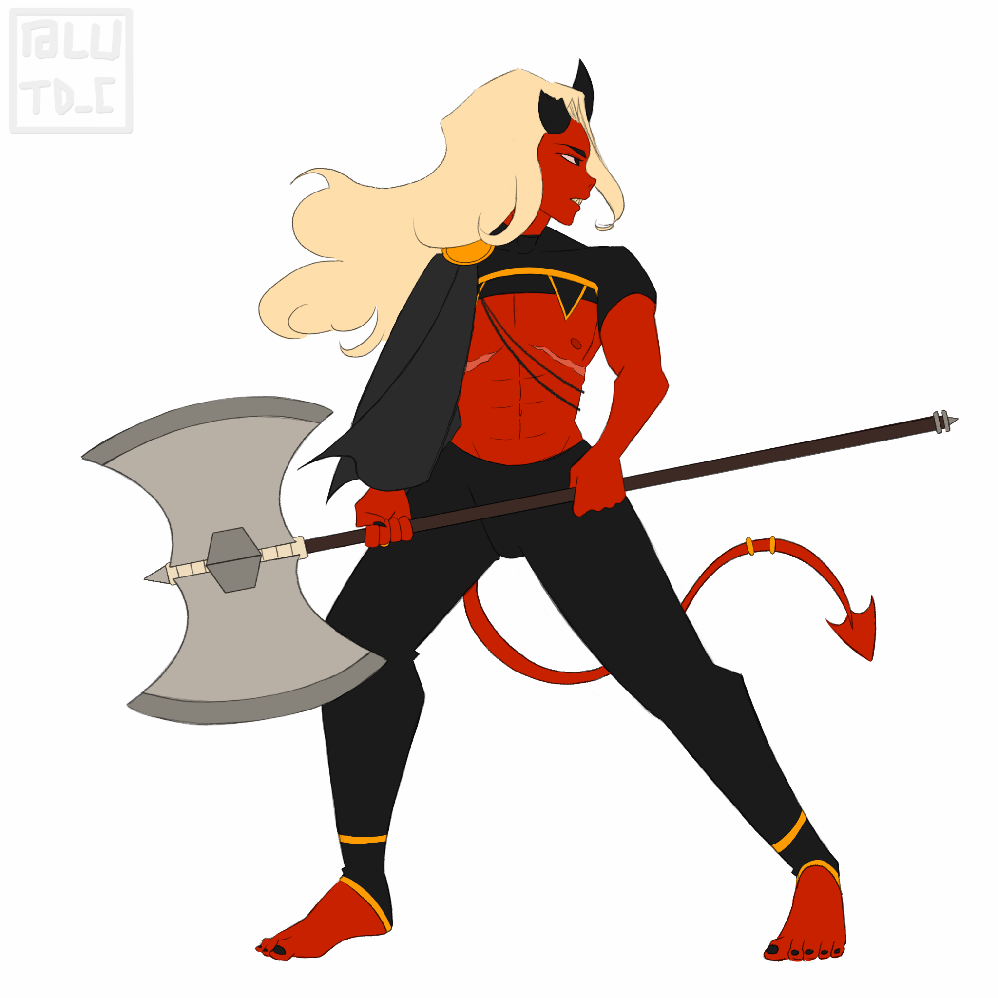 A buff bright-red demon with visible mastectomy scars carrying a big fucking axe