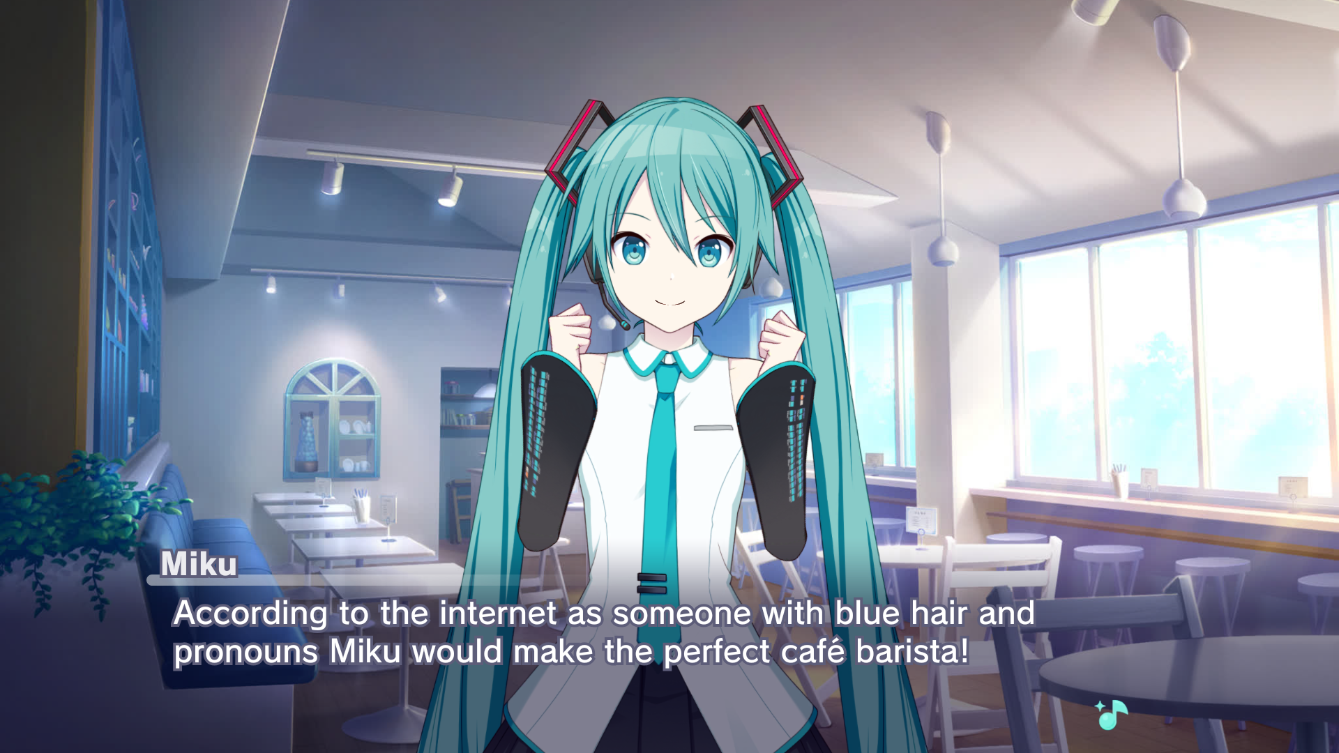 Made from Project Sekai's story board, in a café, Hatsune Miku says "According to the internet as someone with blue hair and pronouns Miku would make the perfect café barista!"