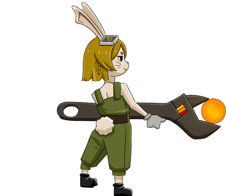A bnuuy carrying a wrench larger than herself, with a bright orange orb in its clasp. She is pointing it towards off-screen enemies and is about to blow them up.