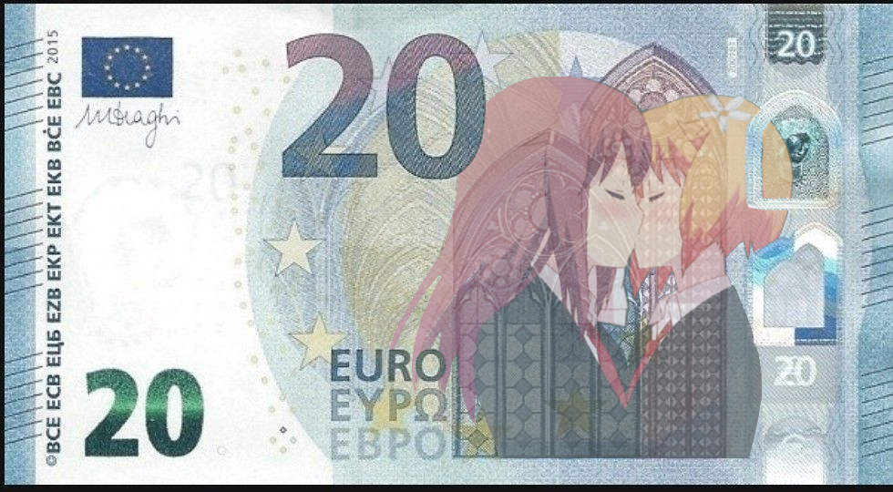 20 euro bill but i put the girls from sakura trick kissing on it, making the design infinitely better