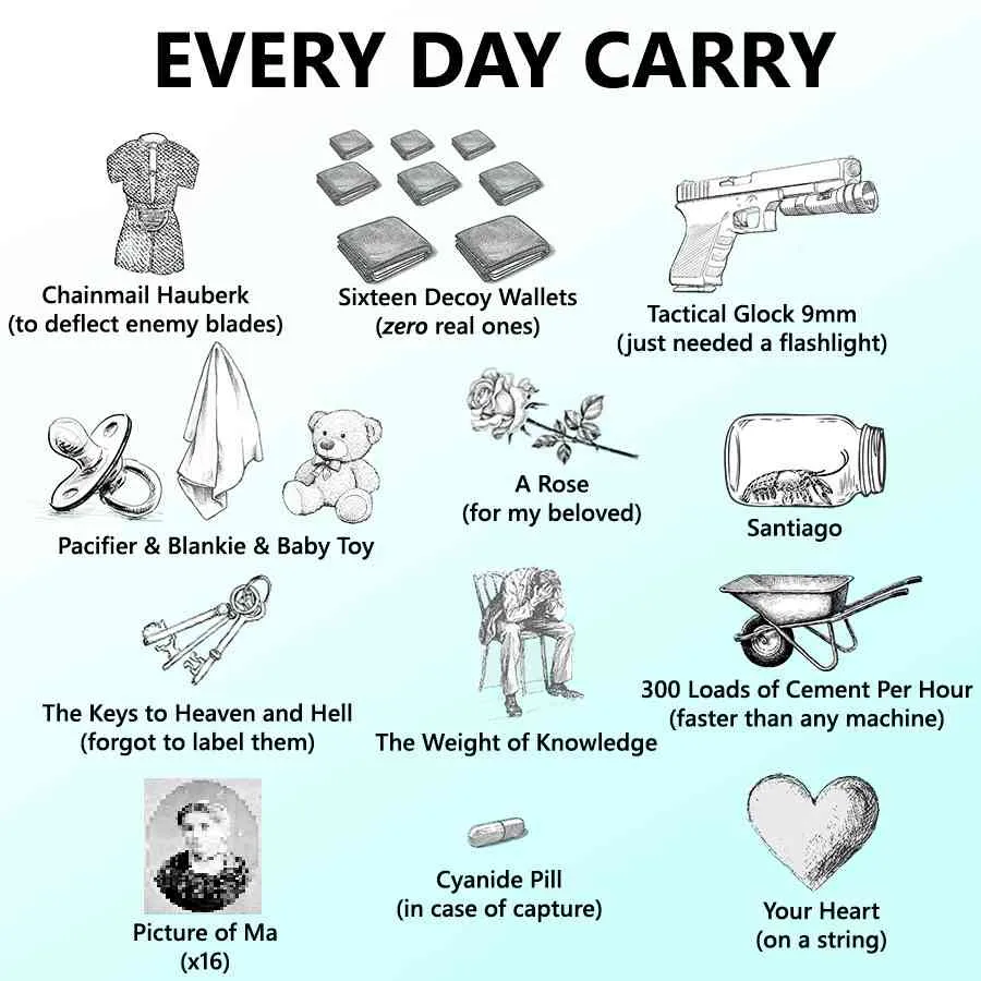 A meme captioned "Every day carry"
Then a bunch of pictures and descriptions of what they are that are being carried:
- "Chainmail Hauberk (to deflect enemy blades)" (this is like a chainmain suit)
- "Sixteen Decoy Wallets (zero real ones)"
- "Tactical Glock 9mm (just needed a flashlight)"
- "Pacifier & Nlankie & Baby Toy"
- "A Rose (for my beloved)"
- "Santiago" (pictured is a jar on it's side with a crawdad inside it)
- "The keys to Heven and Hell (forgot ot label them)" In the picture there are three keys
- "The Weight of Knowledge" (pictured is a man sitting on a chair holding his head in dispair)
- "300 Loads of Cement Per Hour (faster than any machine)" (pictured is a wheelbarrow)
- "Picture of Ma (x16)" (pictured is an old portrait photo of a woman)
- "Cyanide Pill (in case of capture)"
- "Your eart (on a string)" pictured is a heart symbol, not an anatomical heart.