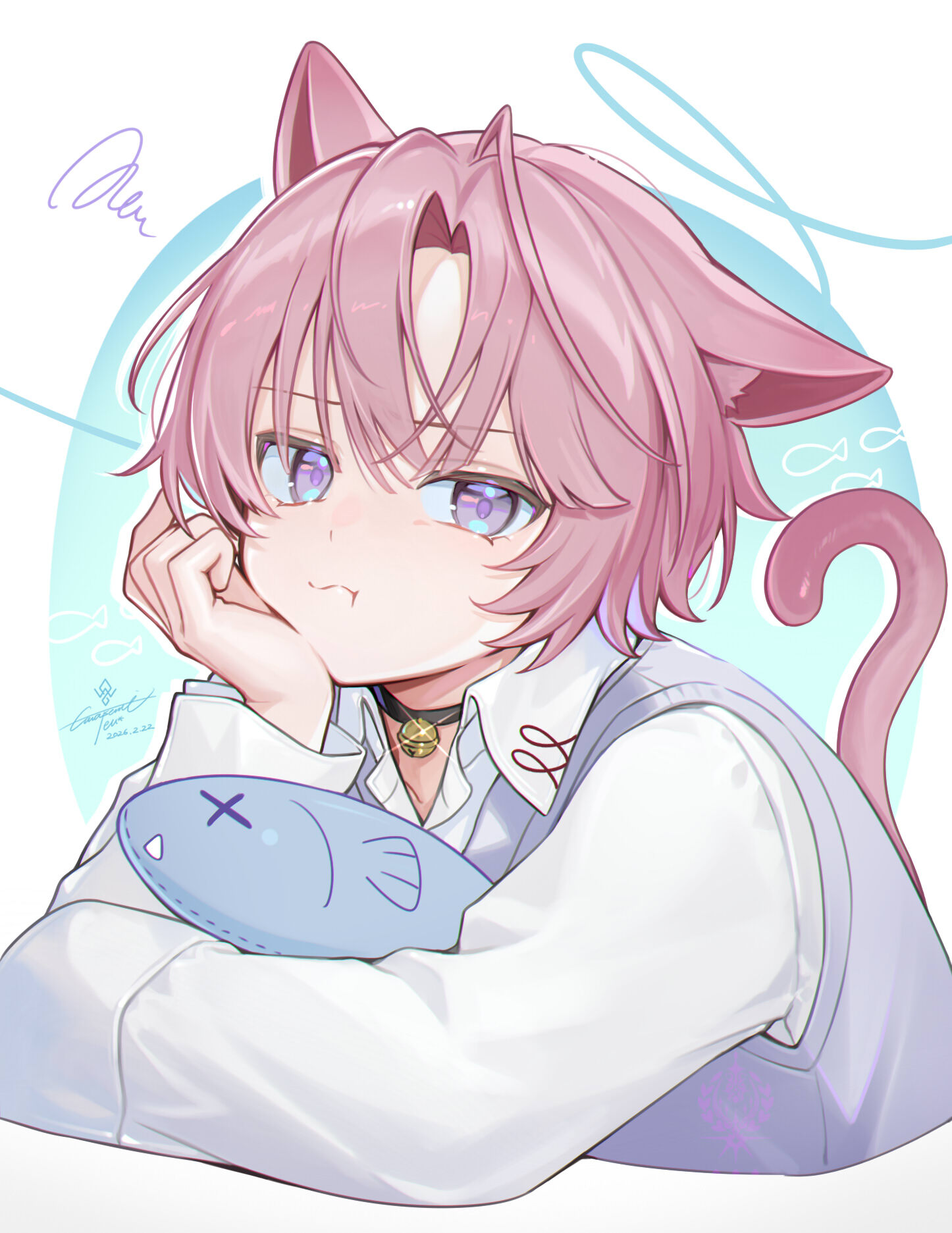 A drawing of a catboy looking upset at the lack of attention. His tail is shaped as a question mark and he's holding a fish plushie
