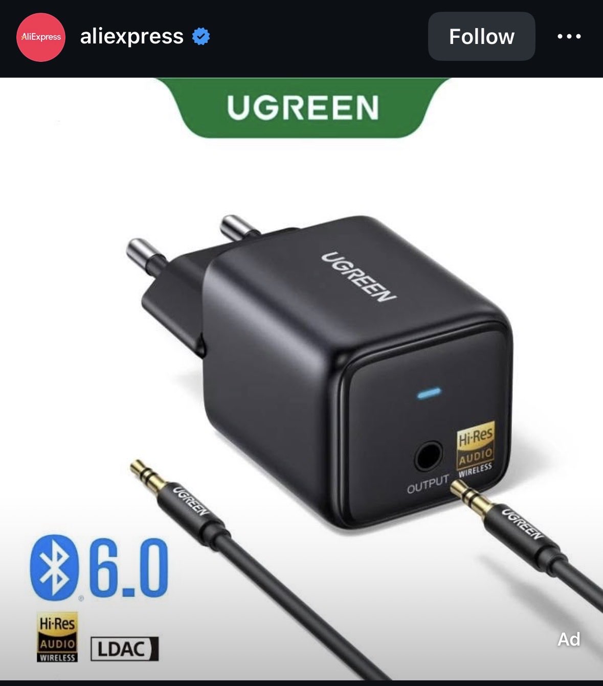 aliexpress posts a ugreen charger with mini jack out and bluetooth 6.0