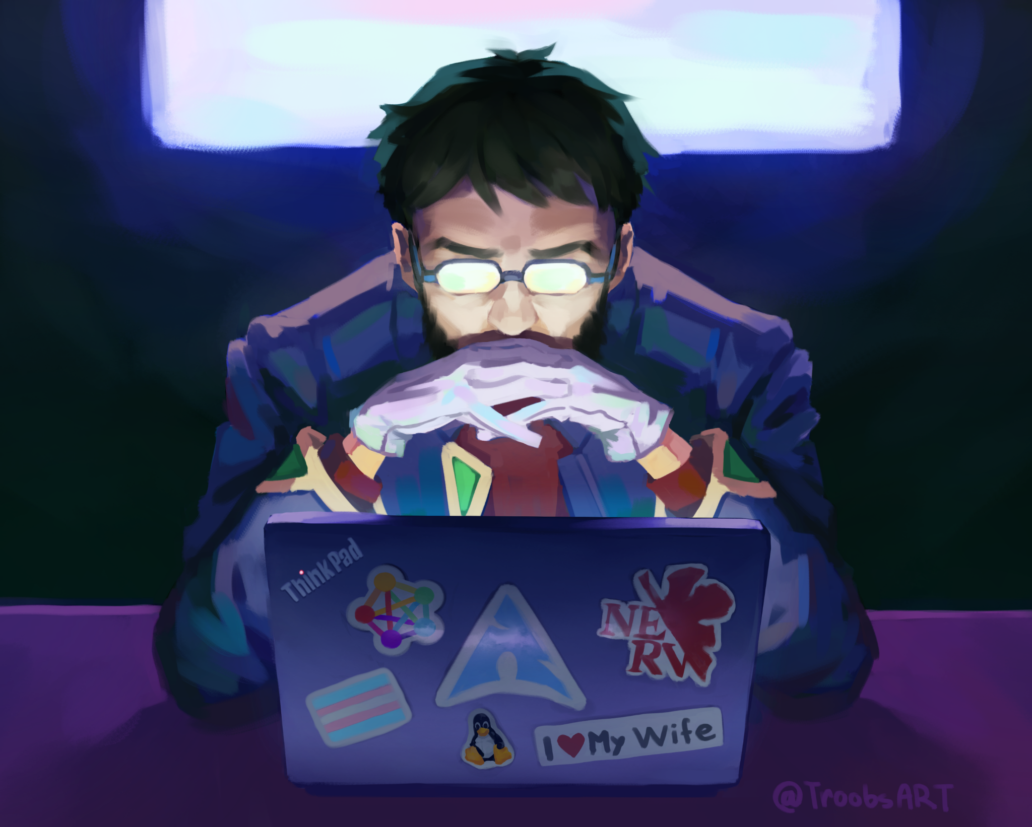 Gendo from Evangelion, a adult white man sitting in front of a Thinkpad Laptop, his glasses glow from the screen giving an ominous look, he has his hands classped in front of his mouth in his iconic pose.
The laptop has several stickers on it, a Fediverse logo, an Arch Linux Logo, a trans flag, a Tux sticker, a Nerv logo, and an "I heart My Wife" bumper sticker.
This art convey's Gendo's presumed happy loving married life, while supporting trans rights unironically, making him the post powerful person in the room.
And also I guess he uses Linux, isn't he cool? Sure hope he doesn't end the world or something.