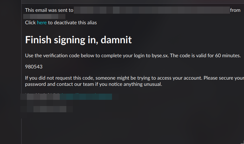 verification code email starting with "Finish signing in, damnit"