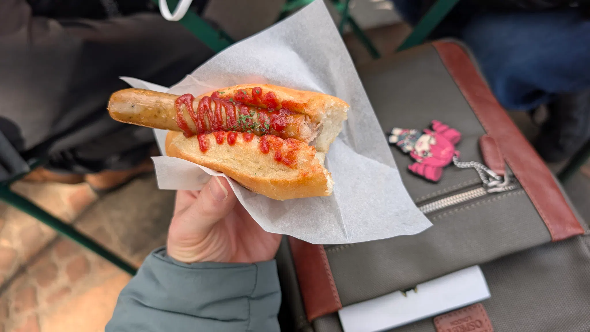 A half-eaten hotdog