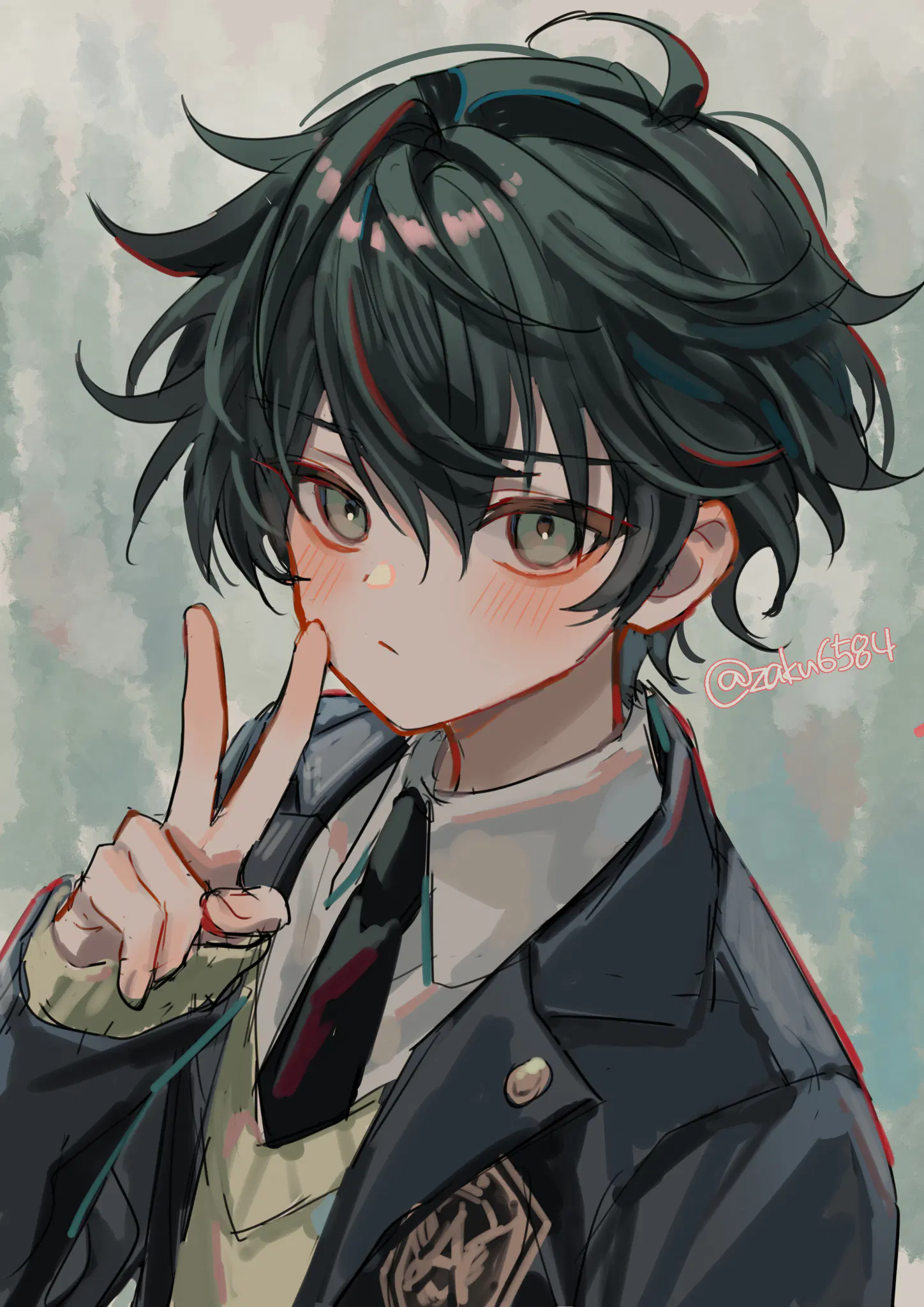 A drawing of a boy in a school uniform doing a peace sign