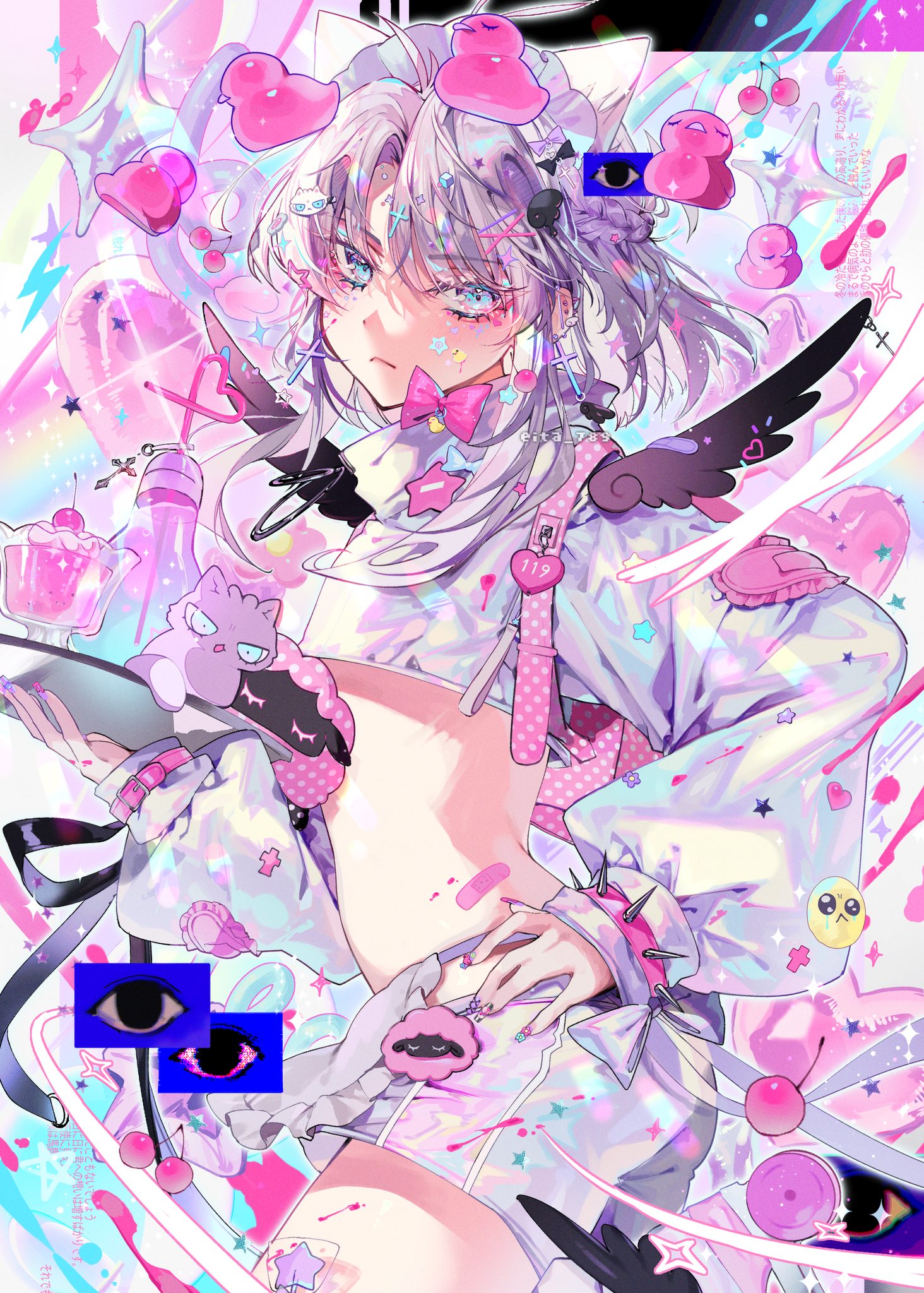 A drawing of a boy wearing white with exposed midriff