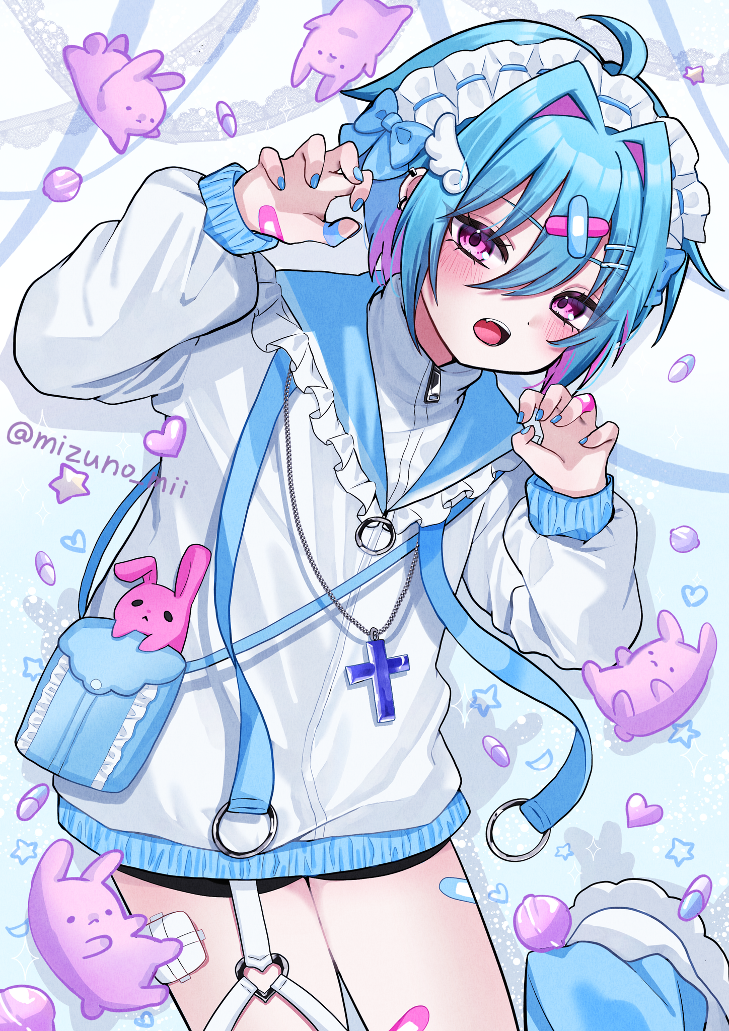 A tenshi-kawaii boy wearing white and light blue making a cute cat pose