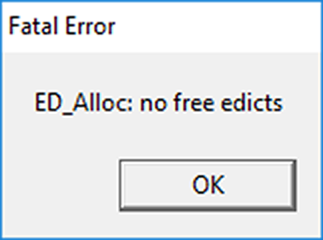A screenshot of a fatal error message saying "ED_Alloc: no free edicts". The error is seen in Source Engine games when there are too many entities, one common way to cause the error is to spawn too many props in GMod.